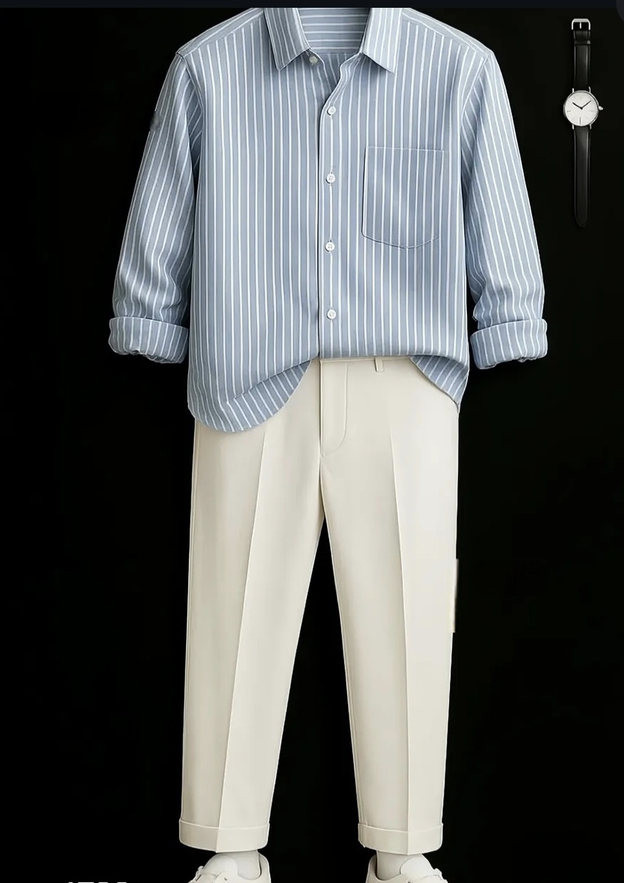 Sky blue  white lines shirt with white pant