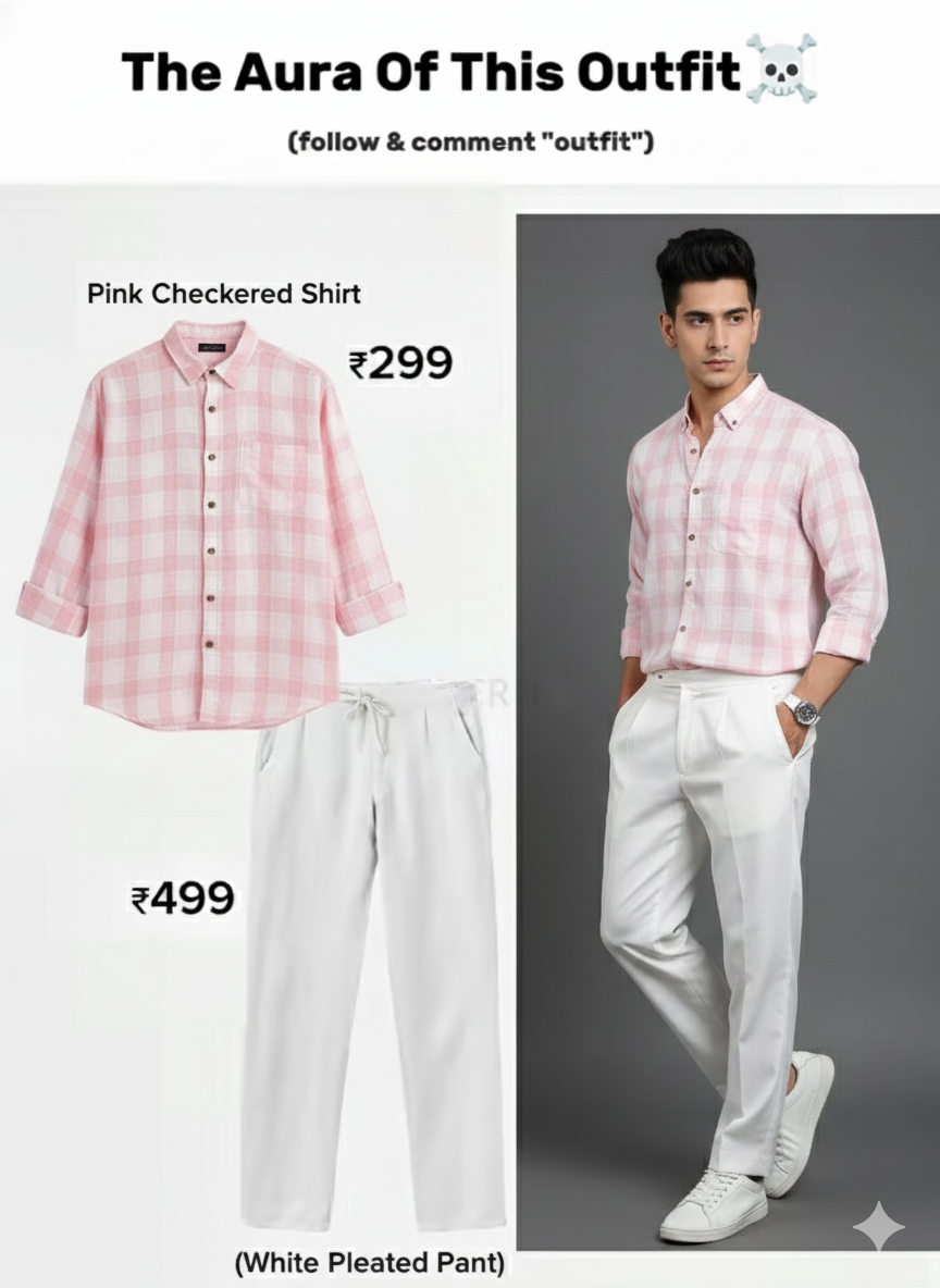 Pink and white check shirt for men